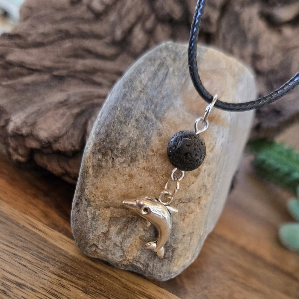 Silver Dolphin Pendant Necklace with Black Cord